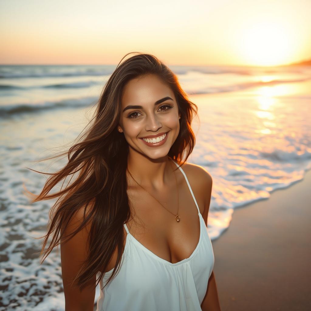 A beautiful woman standing on a serene beach, with waves gently crashing in the background and the sun setting on the horizon, casting a golden glow over the scene