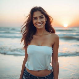 A beautiful woman standing on a serene beach, with waves gently crashing in the background and the sun setting on the horizon, casting a golden glow over the scene