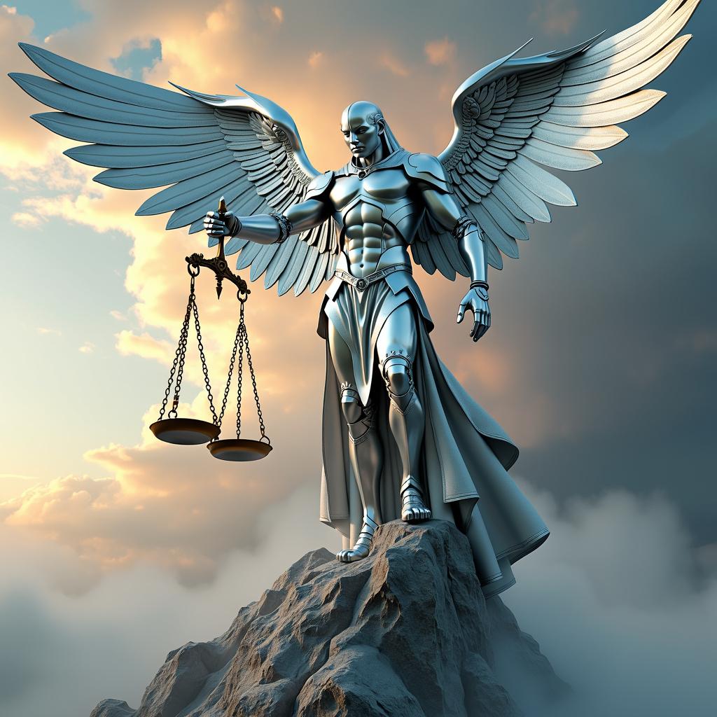 A hyper-realistic high fantasy scene featuring a majestic silver golem angel of justice standing atop a towering silver mountain, with intricate metalwork, ethereal beauty, and a dramatic sky