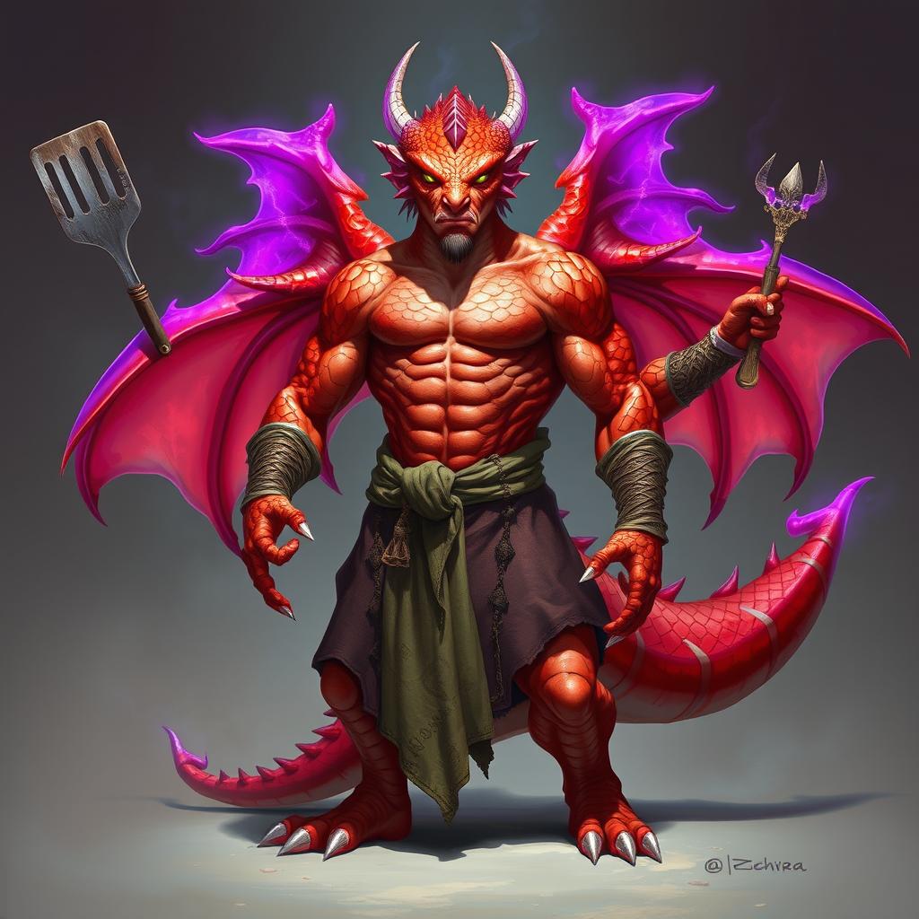 A red scaled dragon humanoid monk with a muscular build stands confidently