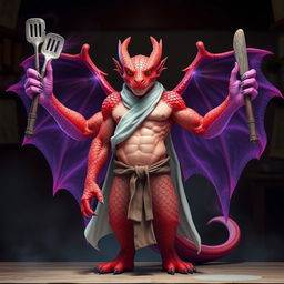 A red scaled dragon humanoid monk with a muscular build stands confidently