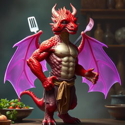 A red scaled dragon humanoid monk with a muscular build stands confidently