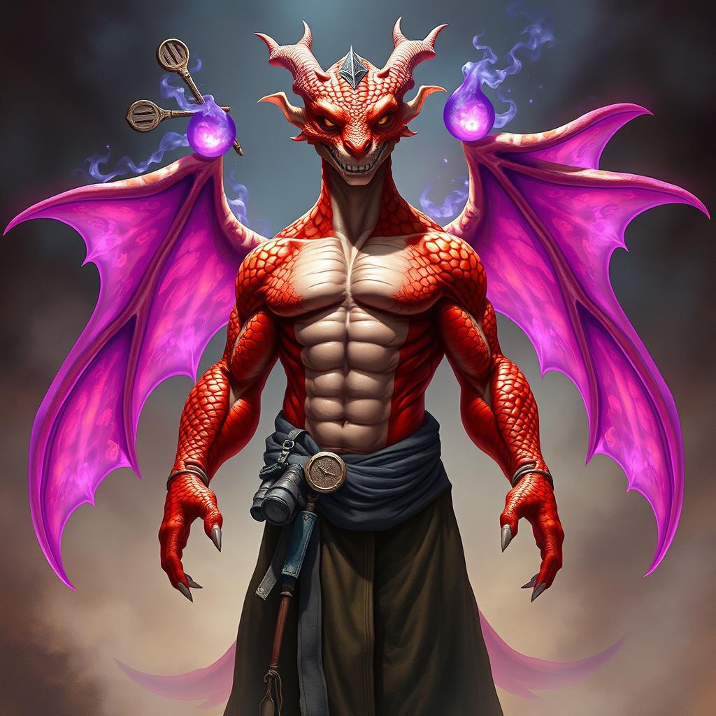 A red scaled dragon humanoid monk with a muscular build stands confidently