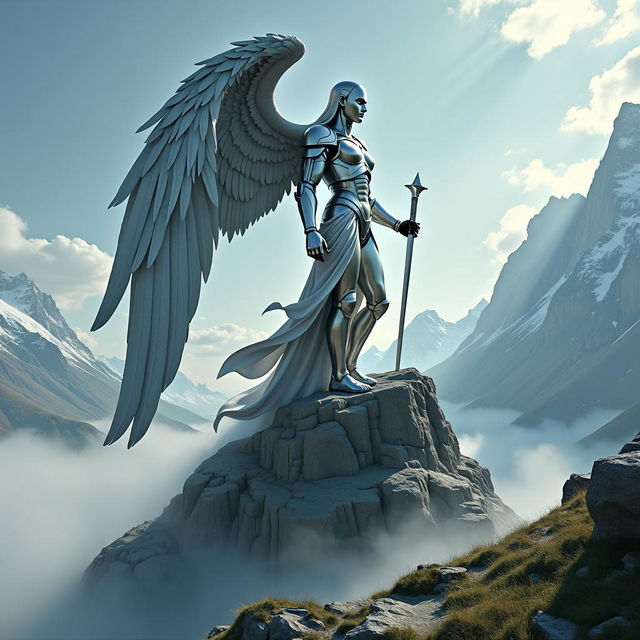 A hyper-realistic high fantasy scene with a zoomed-out view of a majestic silver golem angel of justice standing atop a towering silver mountain, revealing more of the surrounding landscape