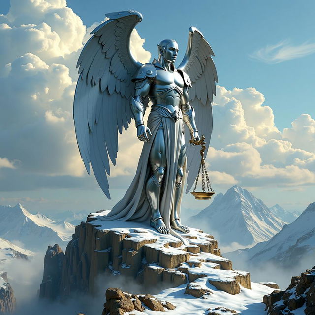 A hyper-realistic high fantasy scene with a zoomed-out view of a majestic silver golem angel of justice standing atop a towering solid silver mountain, revealing more of the surrounding landscape