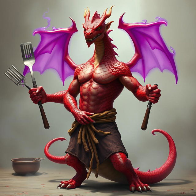 A red scaled dragon humanoid monk with a muscular build stands confidently