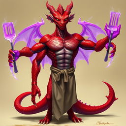 A red scaled dragon humanoid monk with a muscular build stands confidently