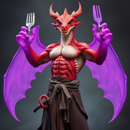 A red scaled dragon humanoid monk with a muscular build stands confidently