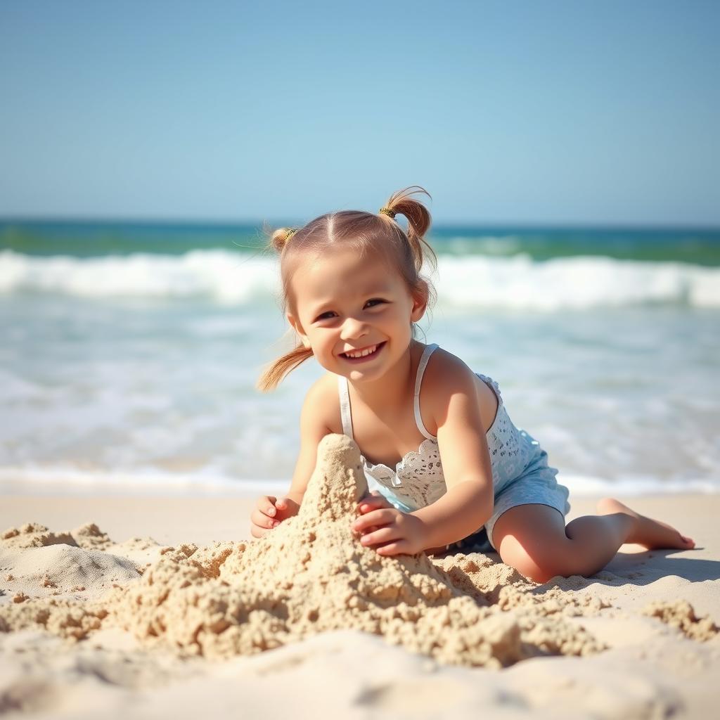 A young girl playing on a sunny beach, with the waves gently crashing in the background