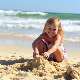 A young girl playing on a sunny beach, with the waves gently crashing in the background