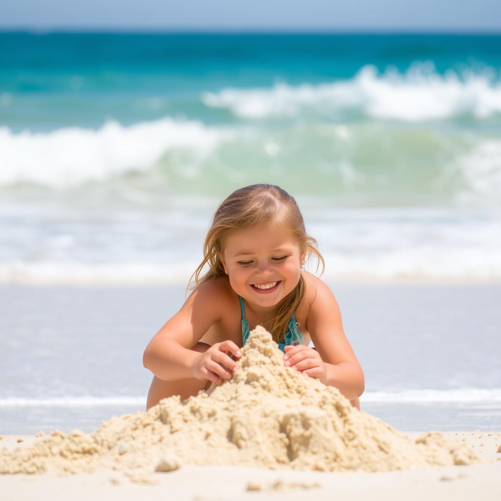 A young girl playing on a sunny beach, with the waves gently crashing in the background