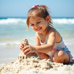 A young girl playing on a sunny beach, with the waves gently crashing in the background