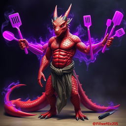 A red scaled dragon humanoid monk with a muscular build stands confidently