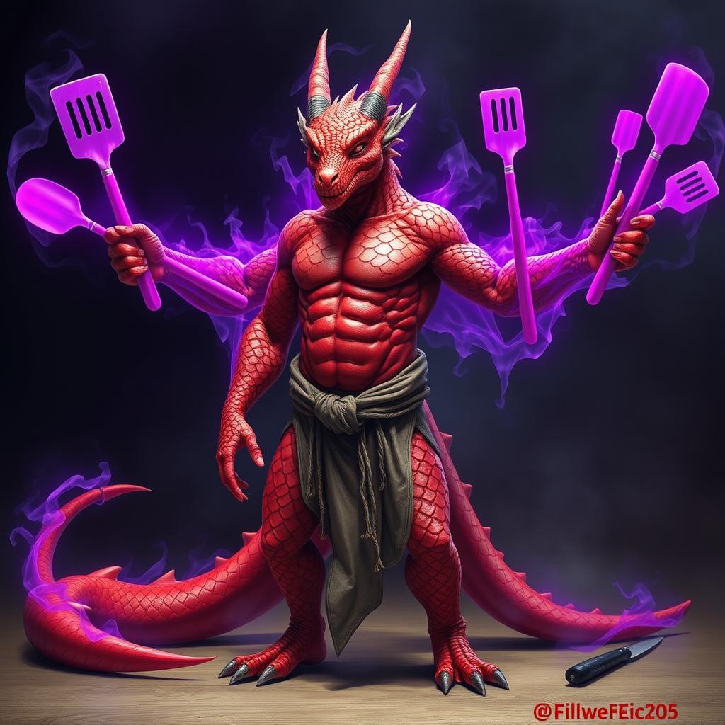 A red scaled dragon humanoid monk with a muscular build stands confidently