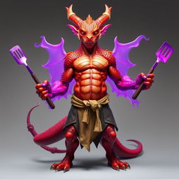 A red scaled dragon humanoid monk with a muscular build stands confidently