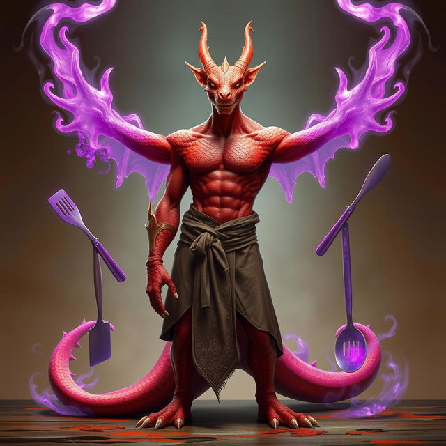 A red scaled dragon humanoid monk with a muscular build stands confidently