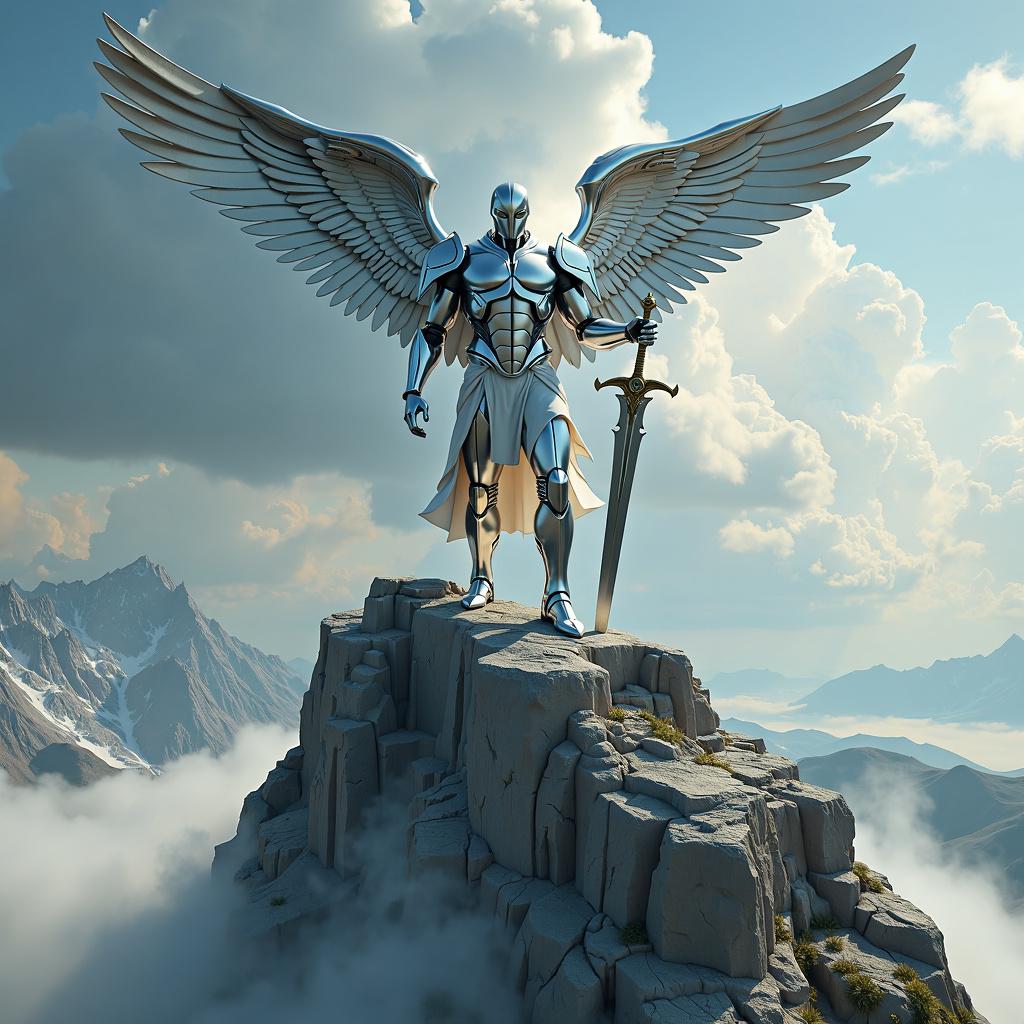 A hyper-realistic high fantasy scene with a zoomed-out view of a majestic silver golem angel of justice, wings spread wide and holding a mighty sword of justice, standing atop a towering solid silver mountain, revealing more of the surrounding landscape