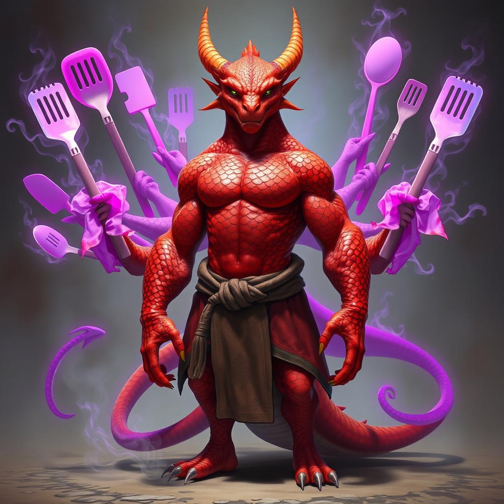 A red scaled dragon humanoid monk with a muscular build stands confidently