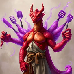 A red scaled dragon humanoid monk with a muscular build stands confidently