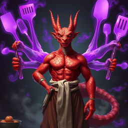 A red scaled dragon humanoid monk with a muscular build stands confidently