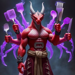 A red scaled dragon humanoid monk with a muscular build stands confidently