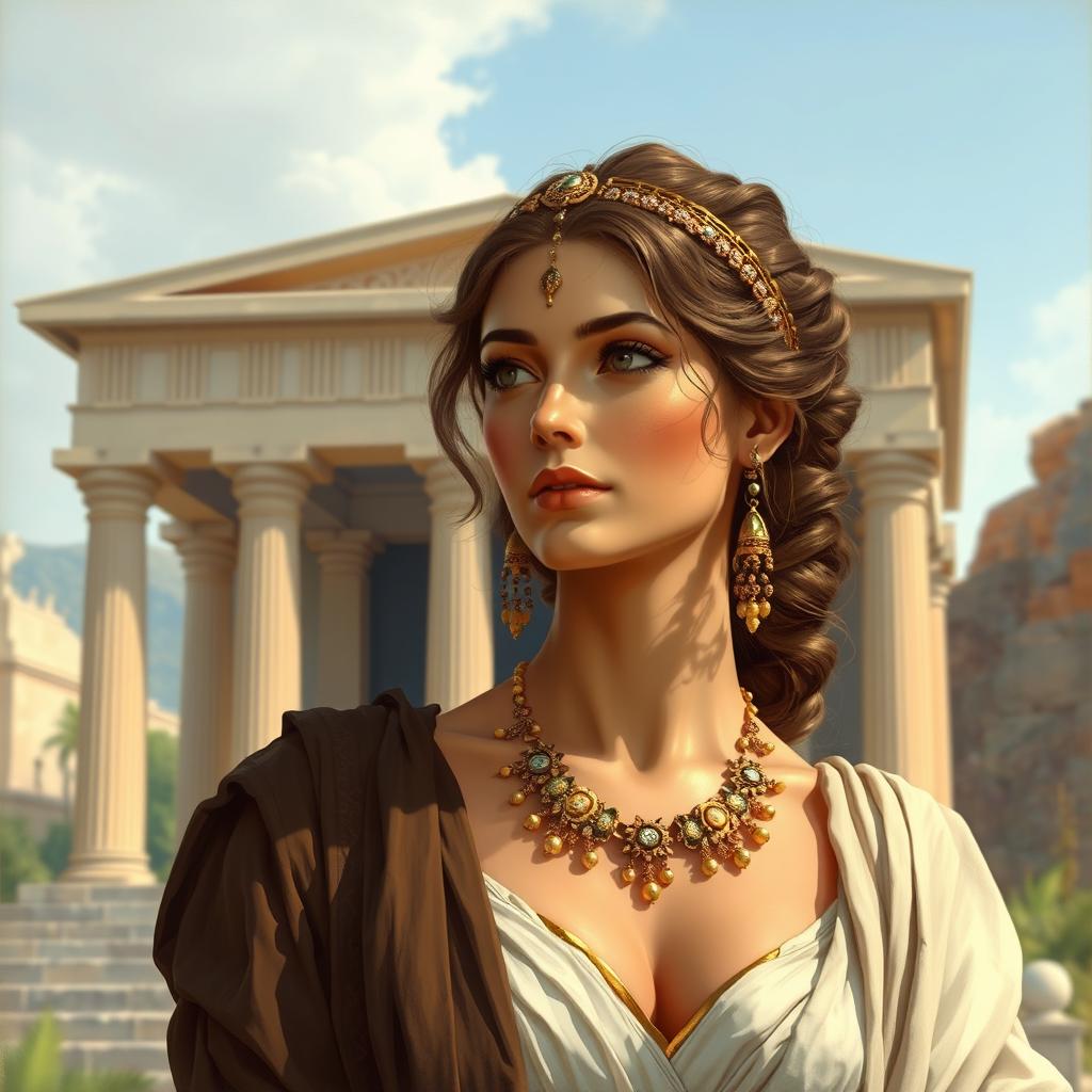 A depiction of a hetaira, a courtesan in ancient Greece, dressed in elegant attire and adorned with jewelry, set against a backdrop of classical Greek architecture