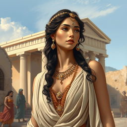 A depiction of a hetaira, a courtesan in ancient Greece, dressed in elegant attire and adorned with jewelry, set against a backdrop of classical Greek architecture