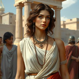 A depiction of a hetaira, a courtesan in ancient Greece, dressed in elegant attire and adorned with jewelry, set against a backdrop of classical Greek architecture