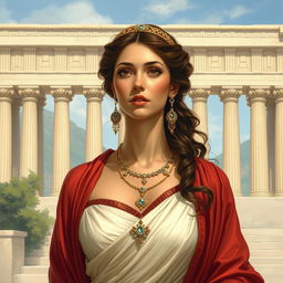 A depiction of a hetaira, a courtesan in ancient Greece, dressed in elegant attire and adorned with jewelry, set against a backdrop of classical Greek architecture