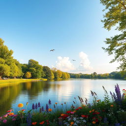 A serene landscape featuring a calm lake surrounded by lush green trees and colorful flowers