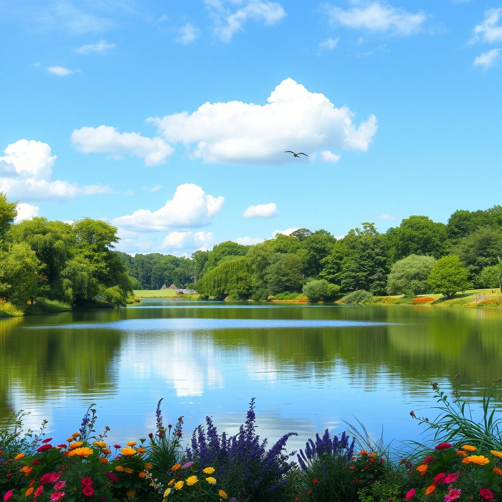 A serene landscape featuring a calm lake surrounded by lush green trees and colorful flowers