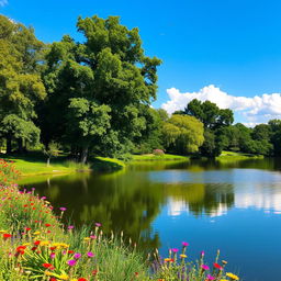 A serene landscape featuring a calm lake surrounded by lush green trees and colorful flowers