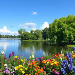 A serene landscape featuring a calm lake surrounded by lush green trees and colorful flowers