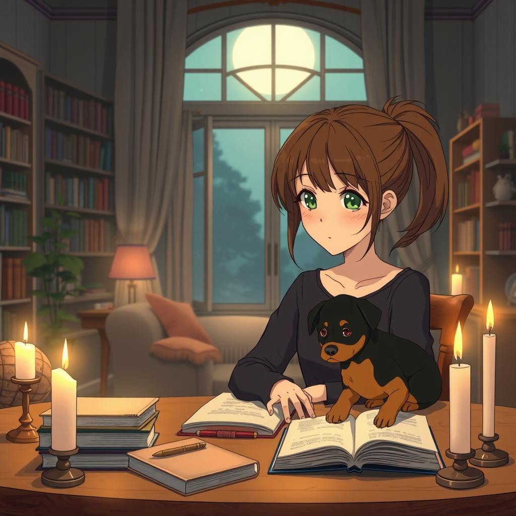 A girl with green Asian eyes studying in her cozy apartment at night