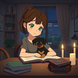 A girl with green Asian eyes studying in her cozy apartment at night