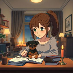 A girl with green Asian eyes studying in her cozy apartment at night