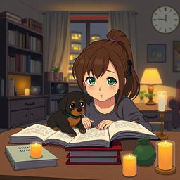 A girl with green Asian eyes studying in her cozy apartment at night