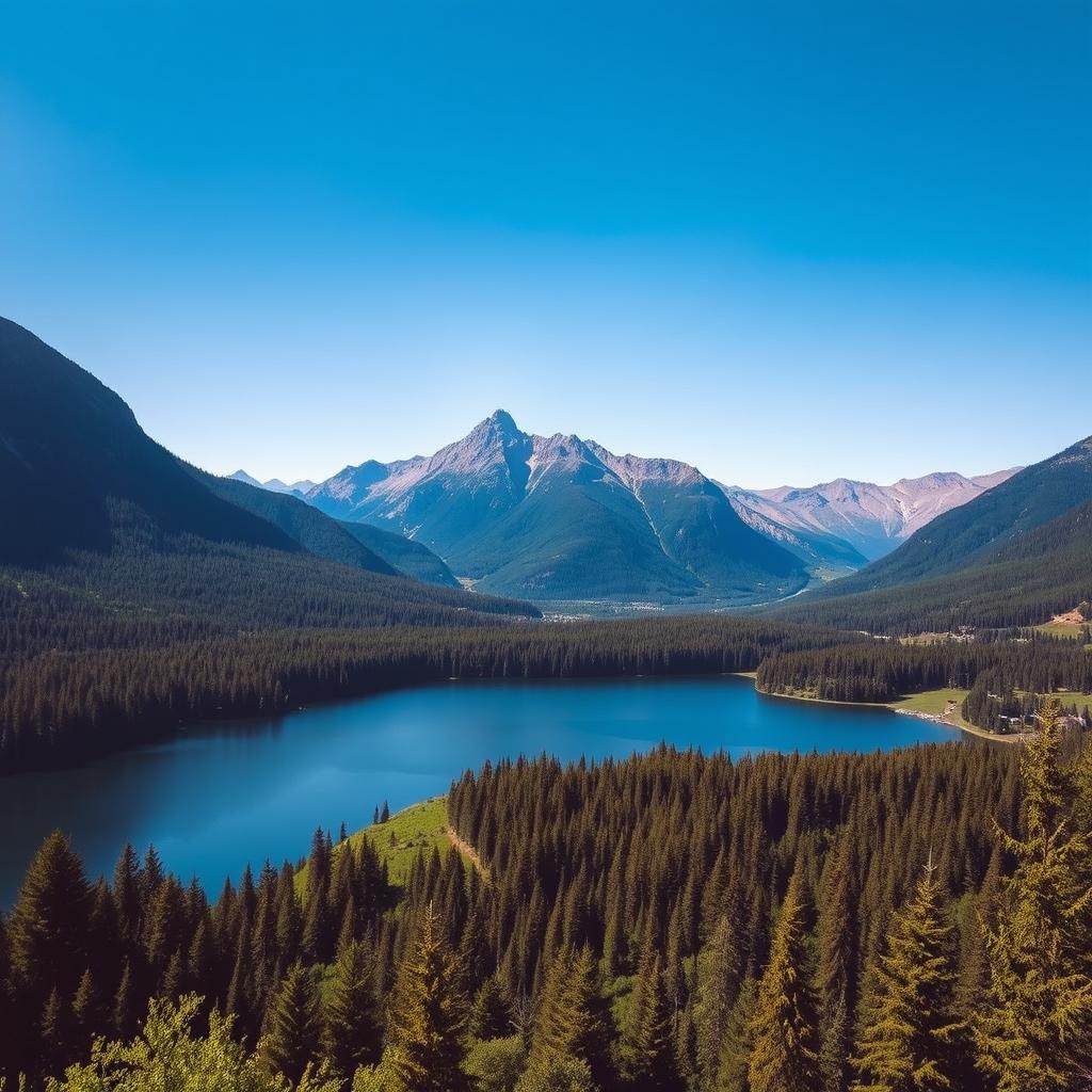 A beautiful landscape featuring a serene lake surrounded by lush green forests and majestic mountains in the background under a clear blue sky