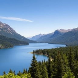 A beautiful landscape featuring a serene lake surrounded by lush green forests and majestic mountains in the background under a clear blue sky