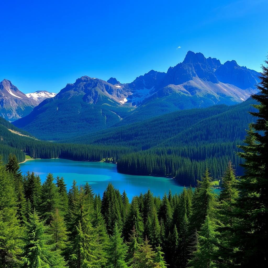 A beautiful landscape featuring a serene lake surrounded by lush green forests and majestic mountains in the background under a clear blue sky