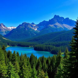 A beautiful landscape featuring a serene lake surrounded by lush green forests and majestic mountains in the background under a clear blue sky