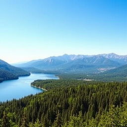 A beautiful landscape featuring a serene lake surrounded by lush green forests and majestic mountains in the background under a clear blue sky