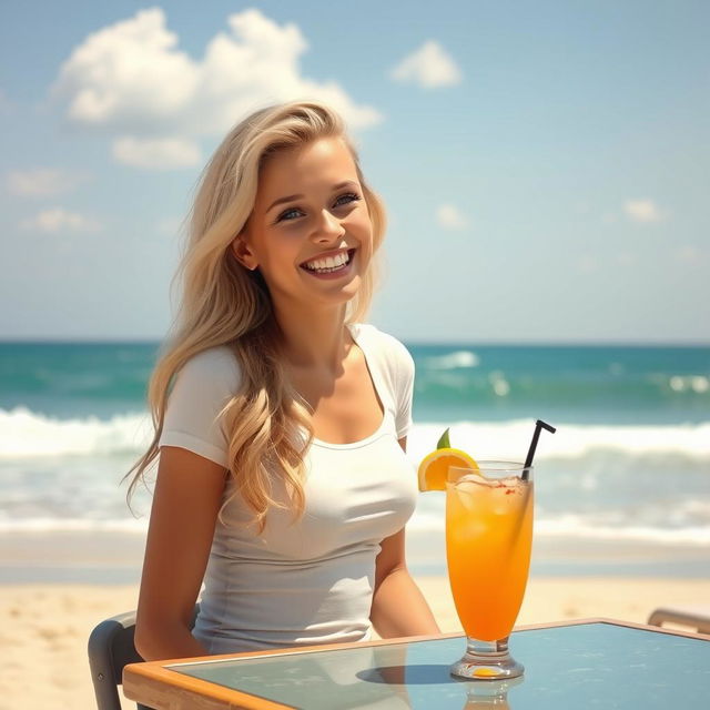 A blonde girl with long wavy hair and blue eyes is sitting at a table on the beach