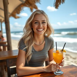 A blonde girl with long wavy hair and blue eyes is sitting at a table on the beach