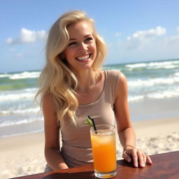 A blonde girl with long wavy hair and blue eyes is sitting at a table on the beach