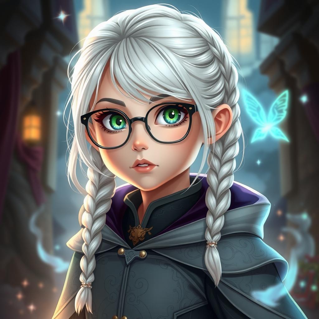 A young girl with white hair styled in braids, green eyes, and glasses