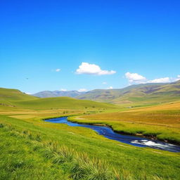 A beautiful landscape with rolling hills, a clear blue sky, and a river flowing through a lush green meadow