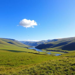 A beautiful landscape with rolling hills, a clear blue sky, and a river flowing through a lush green meadow