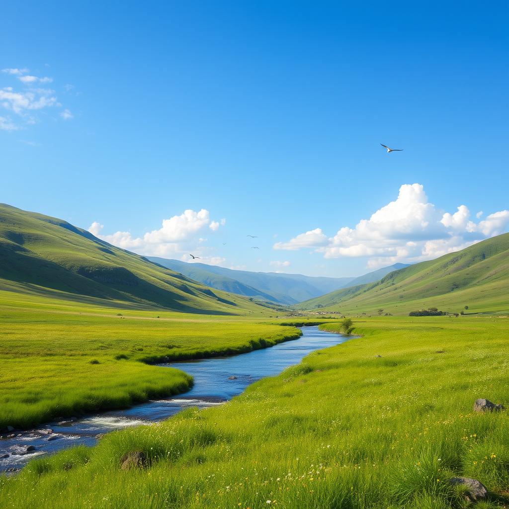 A beautiful landscape with rolling hills, a clear blue sky, and a river flowing through a lush green meadow