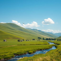 A beautiful landscape with rolling hills, a clear blue sky, and a river flowing through a lush green meadow